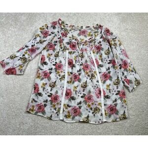 Degree Womans L White Sheer Floral Short Sleeve Blouse Fairy Whimsy Bloom Boho
